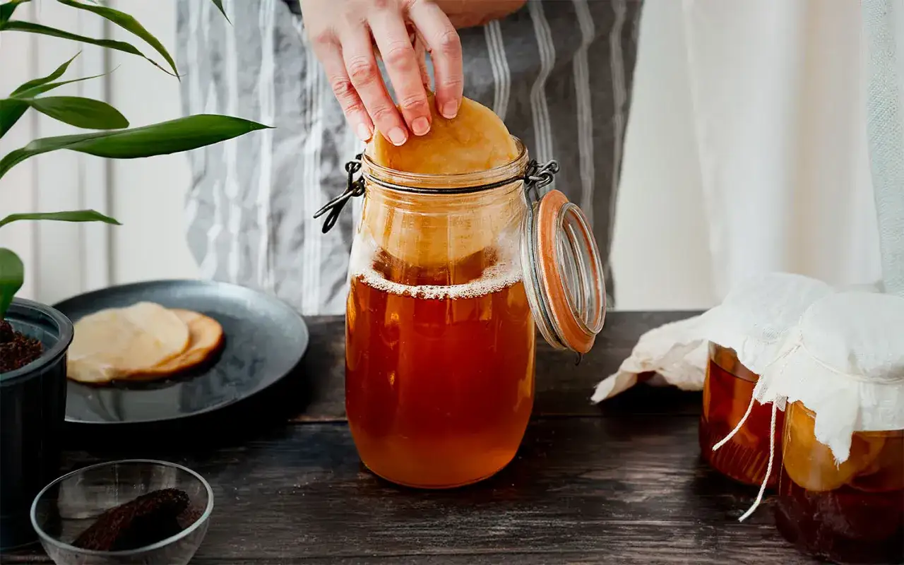 En person hanterar en SCOBY f&ouml;r att g&ouml;ra egen kombucha. Tv&aring; andra burkar med kombucha st&aring;r bredvid.