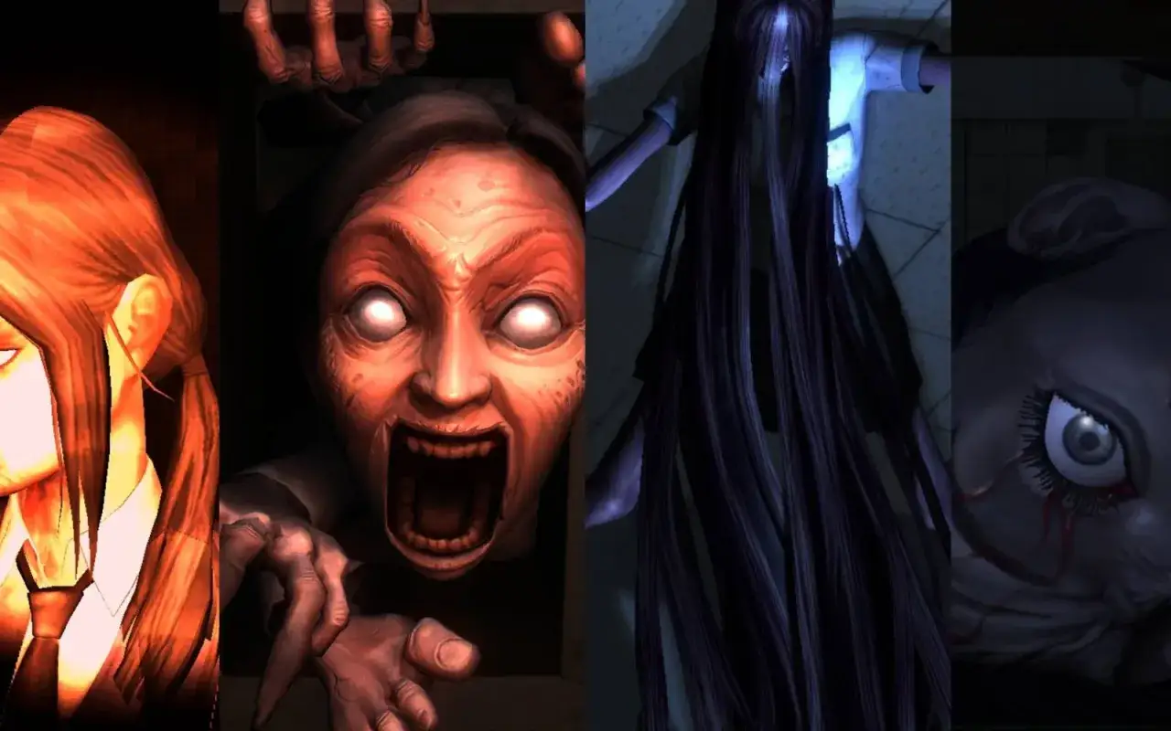 Przerażające postacie z gry Corpse Party: przerażająca twarz z otwartymi ustami, dziewczyna z długimi czarnymi włosami i potworne oko.