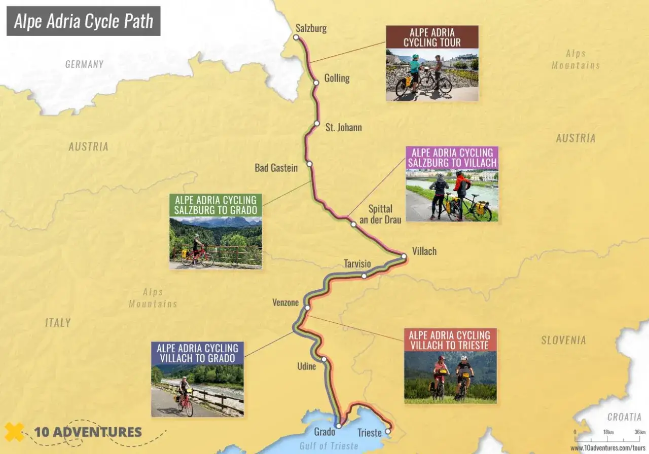 Mapa szlaku rowerowego Alpe Adria. Trasa wiedzie przez Austrię i Włochy, łącząc Salzburg z Adriatykiem.
