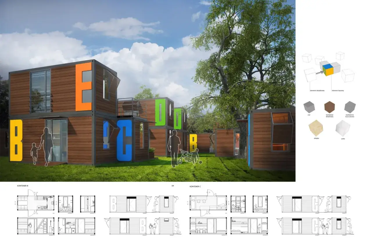 Wizualizacja nowoczesnych kontenerów mieszkalnych z kolorowymi literami i planami architektonicznymi.