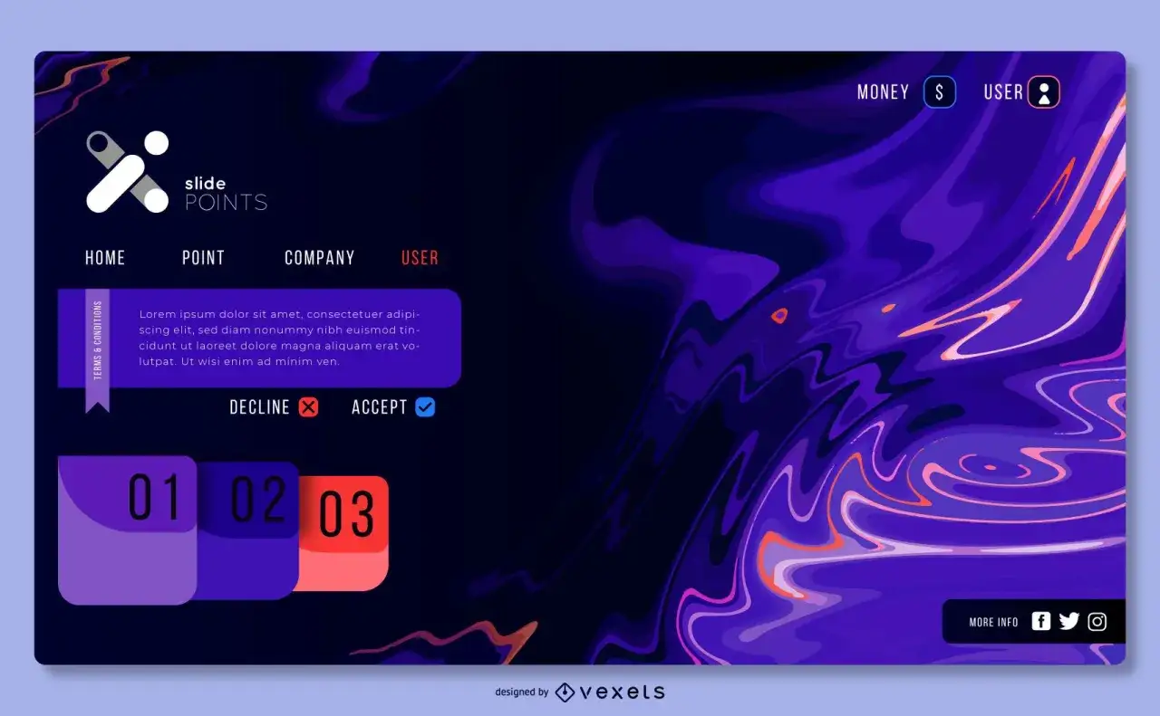 Interface web avec un fond abstrait violet et rose. Un bloc de texte 