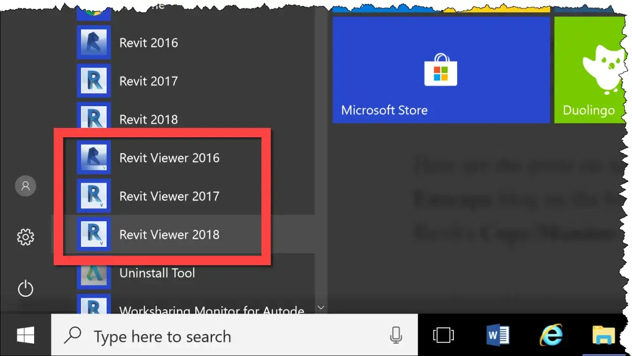 Menu Start z aplikacjami Revit Viewer 2016, 2017 i 2018.