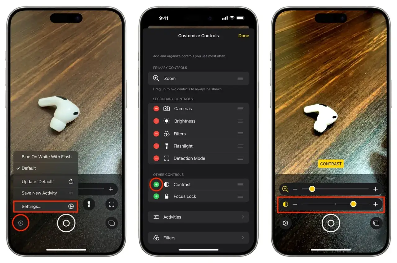 Trzy ekrany telefonu pokazują ustawienia aparatu. Na pierwszym widać menu z opcją 