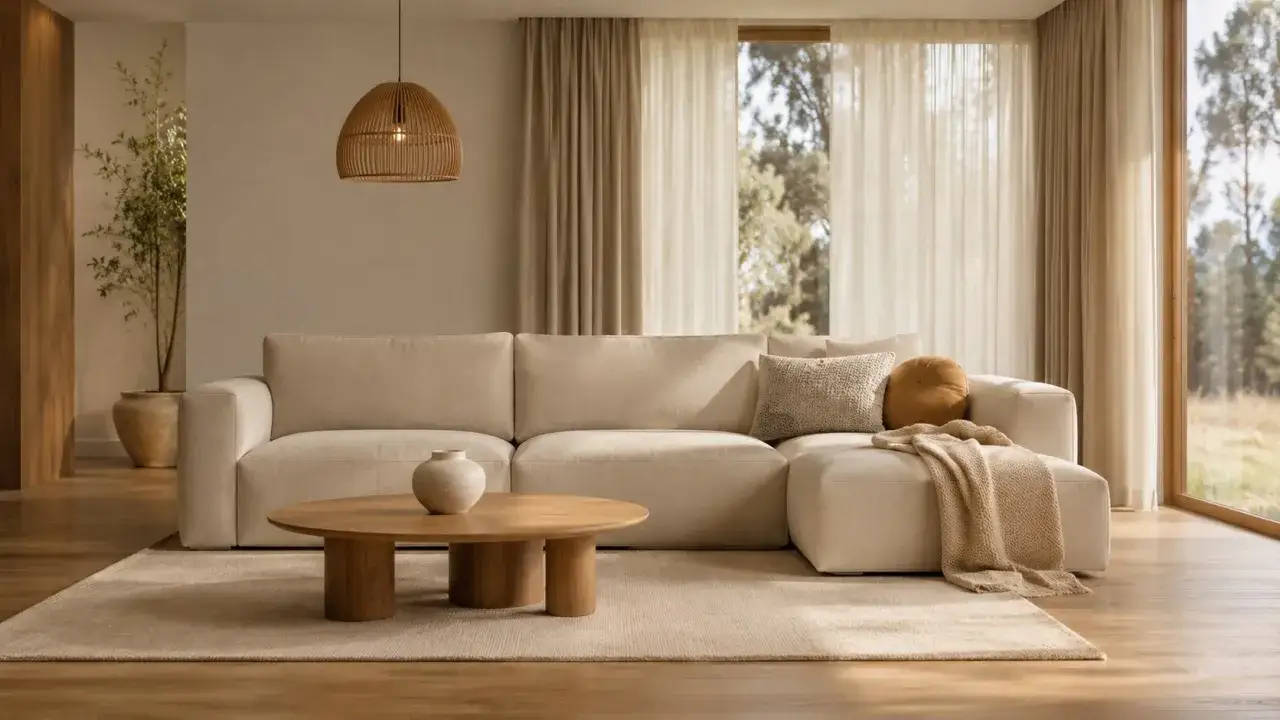 Przytulny salon inspiracje: beżowa sofa, drewniany stolik i pleciona lampa tworzą ciepłą atmosferę.