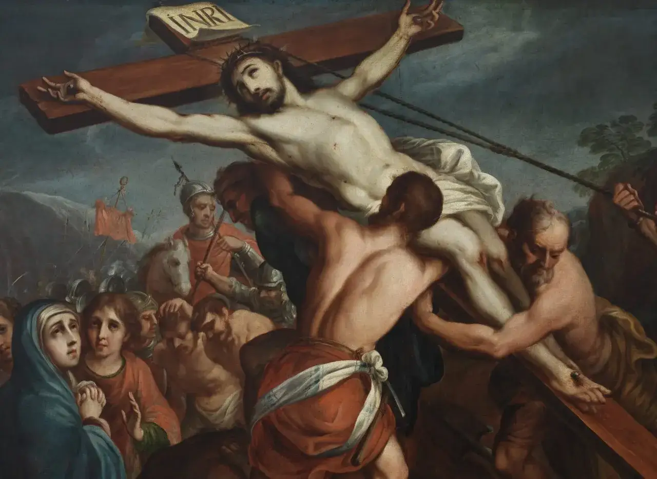 Jesus, crowned with thorns, is being crucified. Men struggle to lift the cross, illustrating what it means to take up your cross.