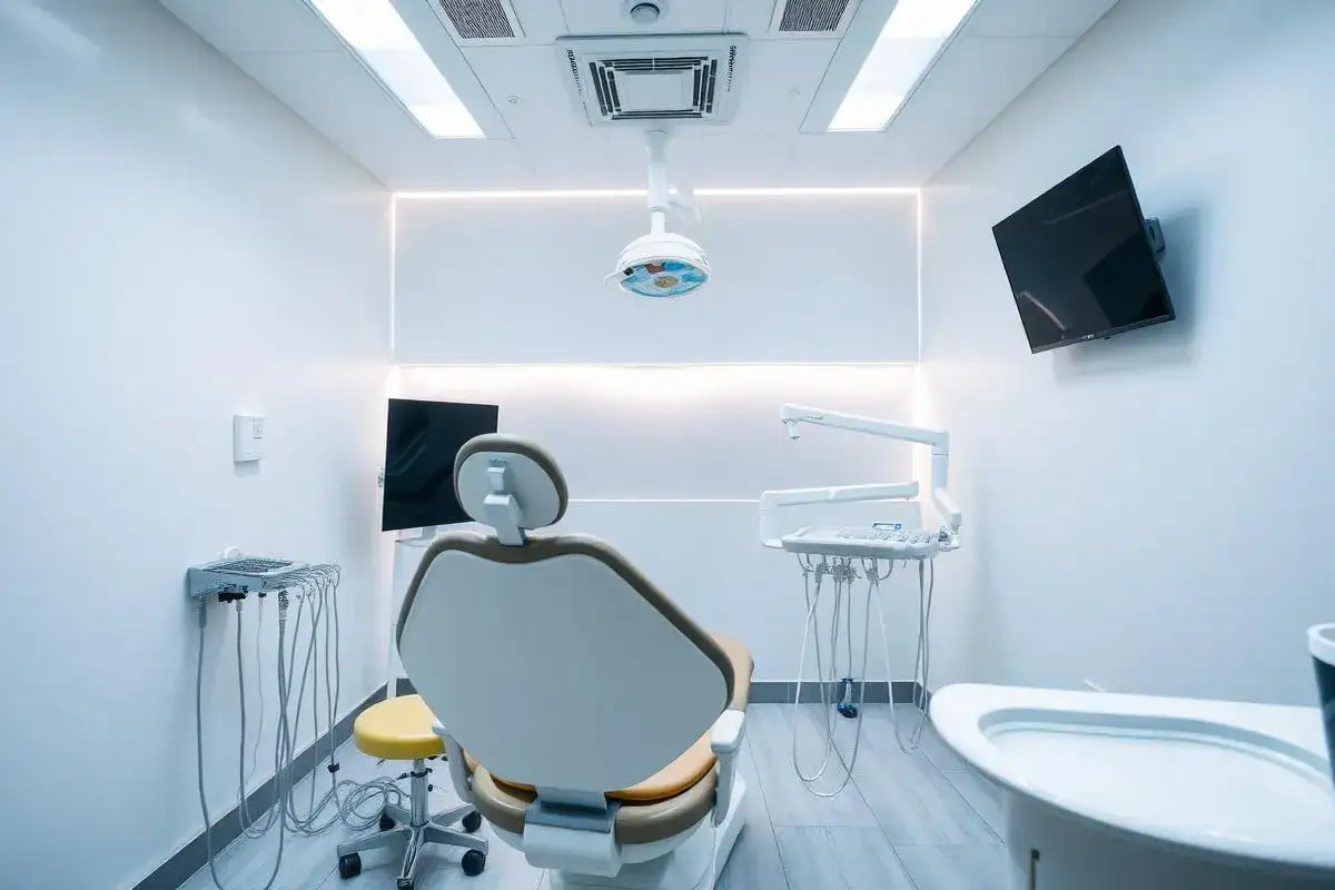 Nowoczesny gabinet stomatologiczny, gotowy na leczenie periodontologiczne. Fotel dentystyczny, lampa i sprzęt czekają na pacjenta.