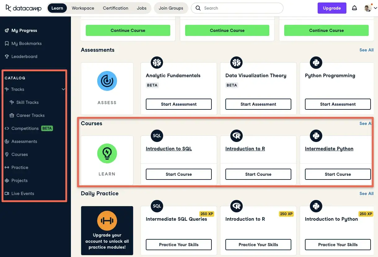 Piattaforma per imparare il coding online gratis, con corsi di SQL, Python e R.