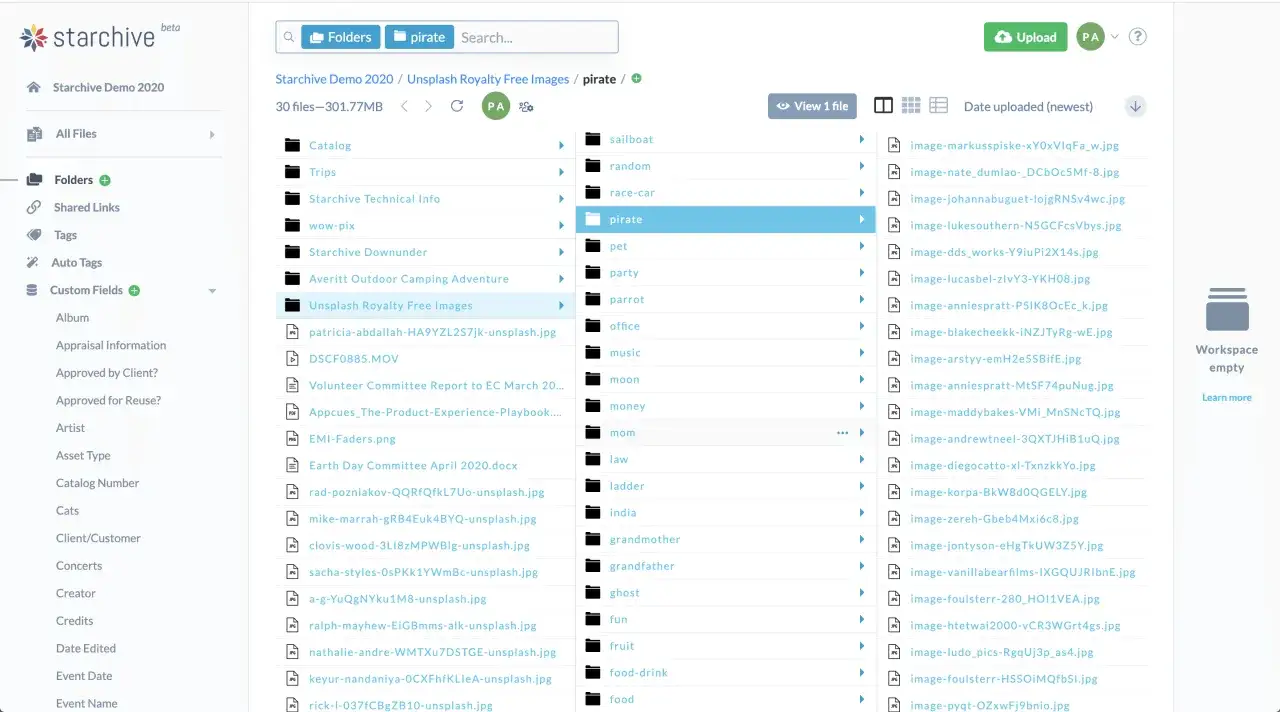 Starchive interface showing folders and files, with