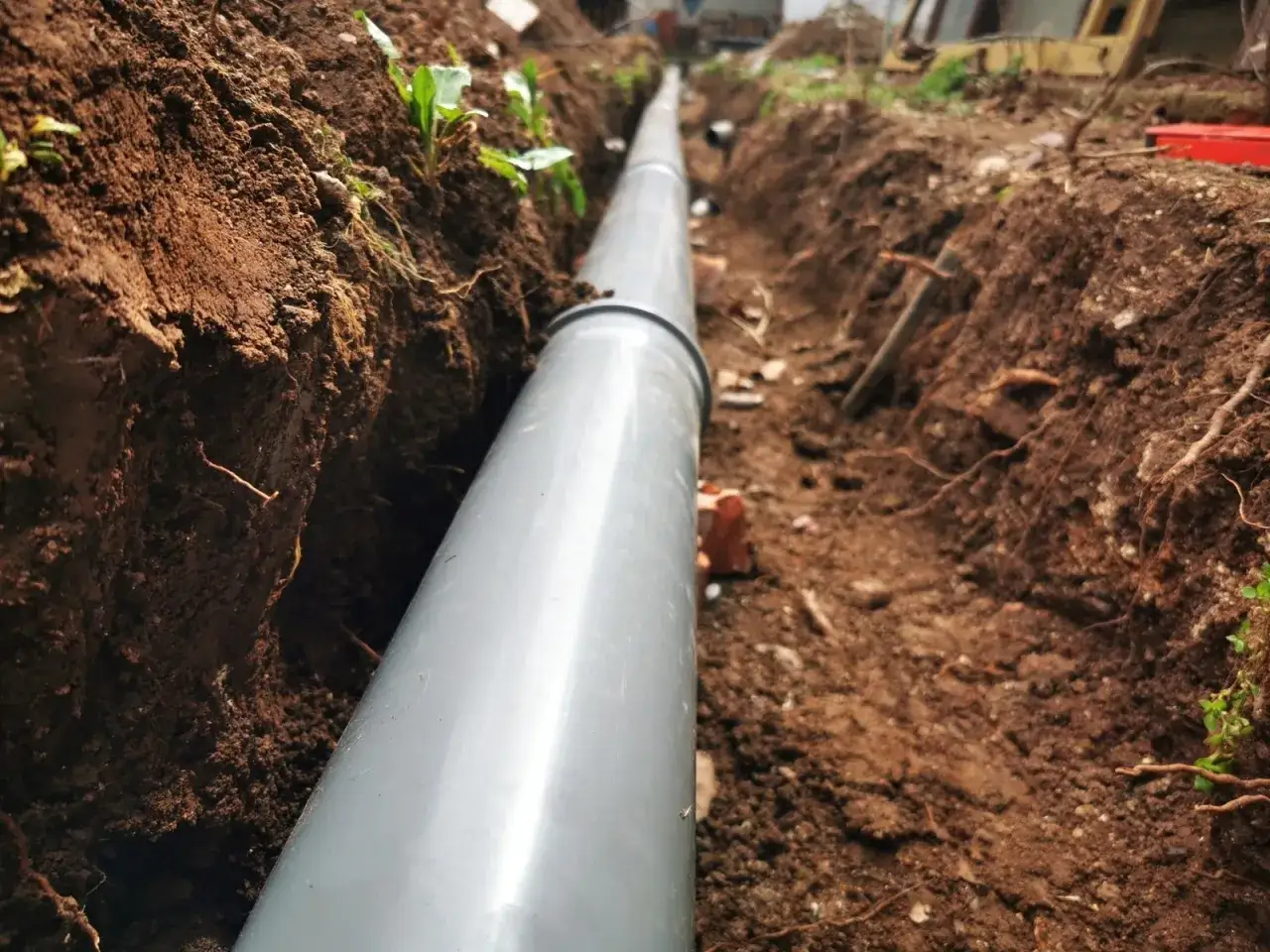 Szara rura kanalizacyjna w wykopie ziemnym, przygotowana do odprowadzenia wody z rynien zgodnie z przepisami.