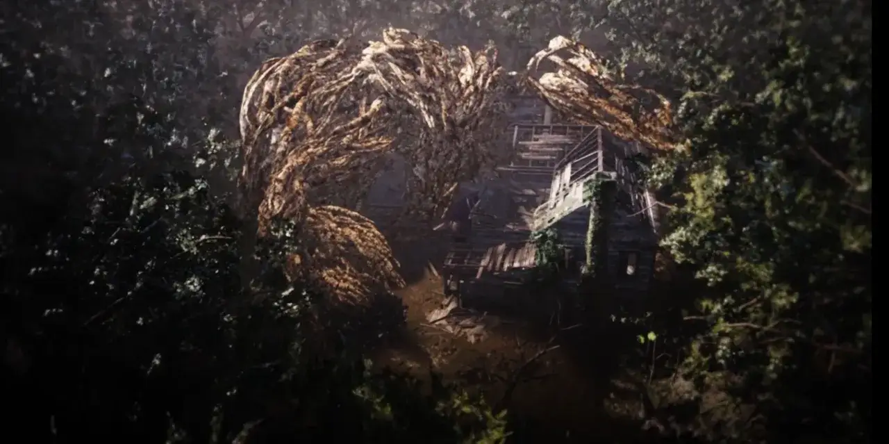 Potworne, splecione korzenie otaczają zniszczony dom. To kluczowy moment w fabule Resident Evil 7, gdzie natura staje się zagrożeniem.