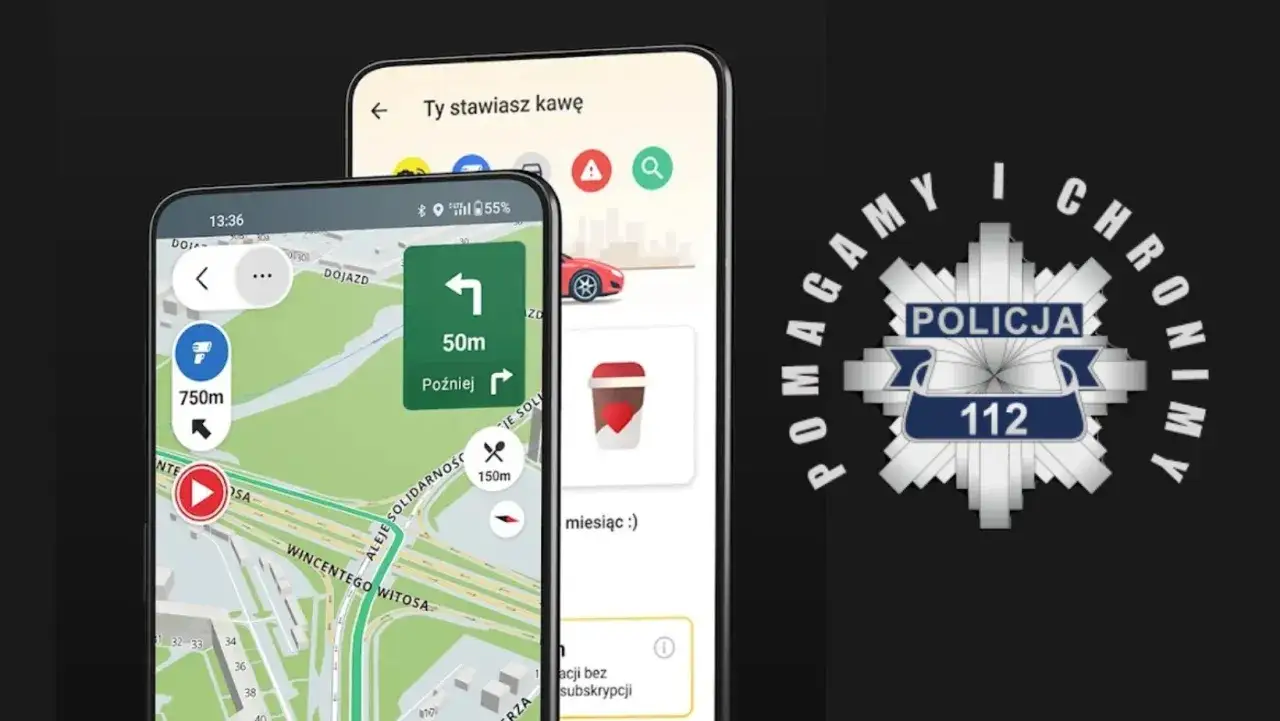 Aplikacja nawigacyjna na telefonie, przypominająca Janosika, z ikoną policji i numerem 112.