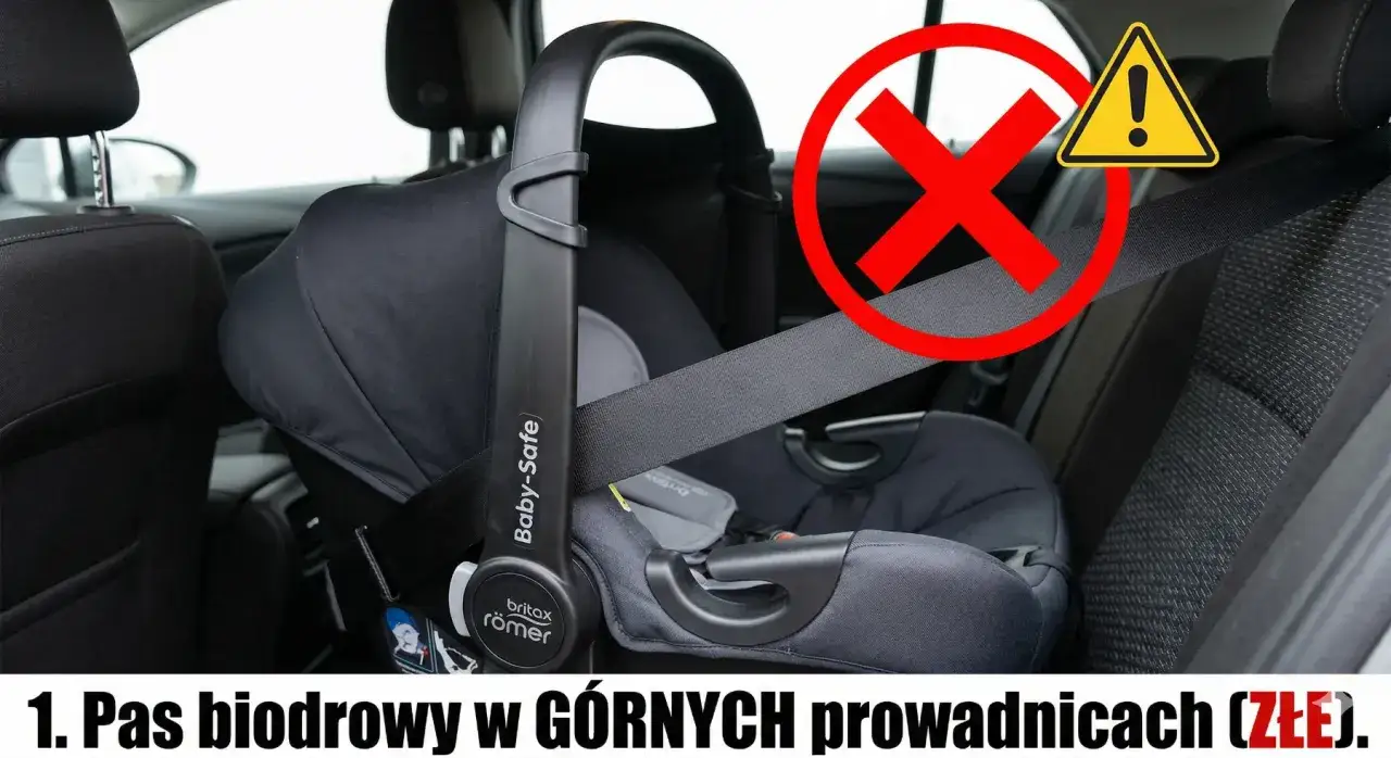 Błąd montażu fotelika: pas biodrowy w górnych prowadnicach. Zamiast tego użyj ISOFIX.