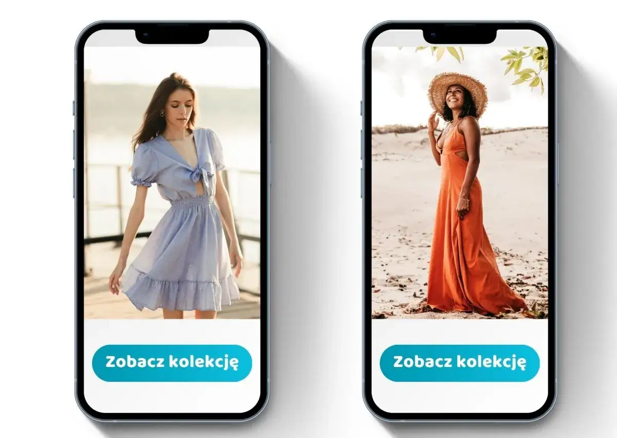 Dwa telefony prezentują letnie sukienki. To przykład, co to grafika wektorowa – czyste linie i kolory.