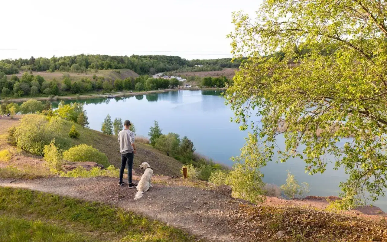 En man och hans hund njuter av en vacker utsikt &ouml;ver en sj&ouml; under sin semester med hund.