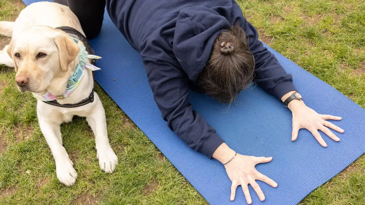 En person och en gul labrador gör hund yoga utomhus på en blå yogamatta. Hunden ligger lugnt bredvid.