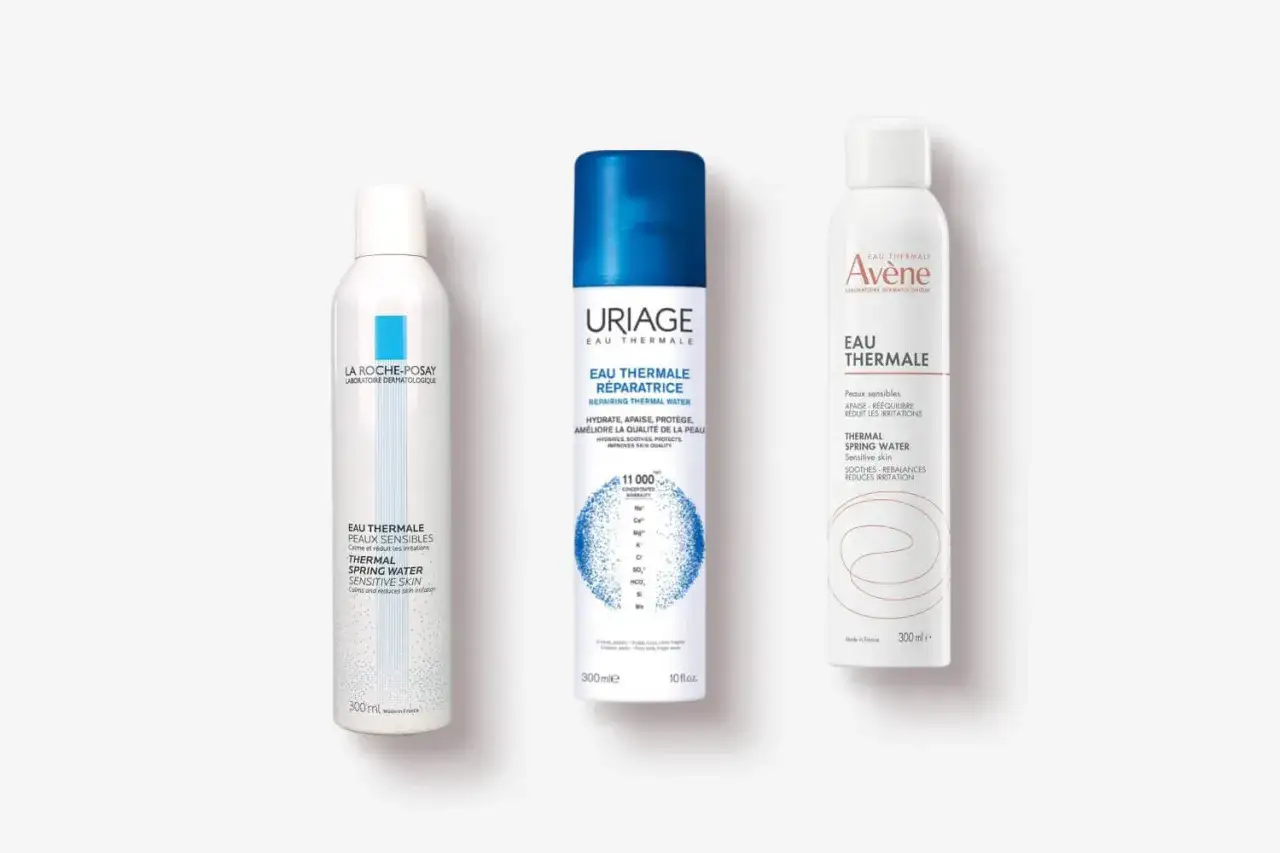 Trois brumes d'eau thermale pour le visage : La Roche-Posay, Uriage et Avène. Découvrez les bienfaits eau thermale visage pour une peau apaisée et hydratée.