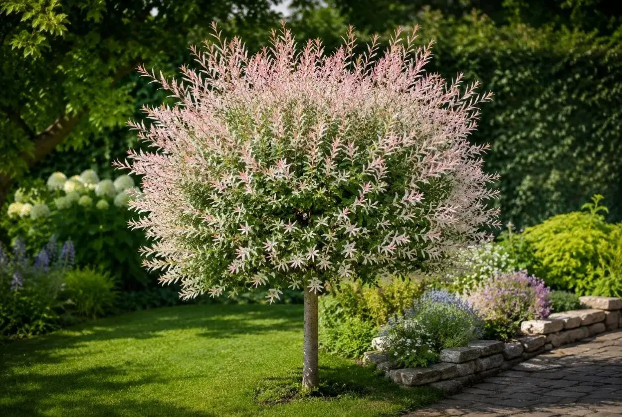 Un magnifique saule crevette, aux feuilles roses et vertes, s'épanouit dans un jardin luxuriant. Son exposition idéale met en valeur sa forme arrondie et sa floraison délicate.