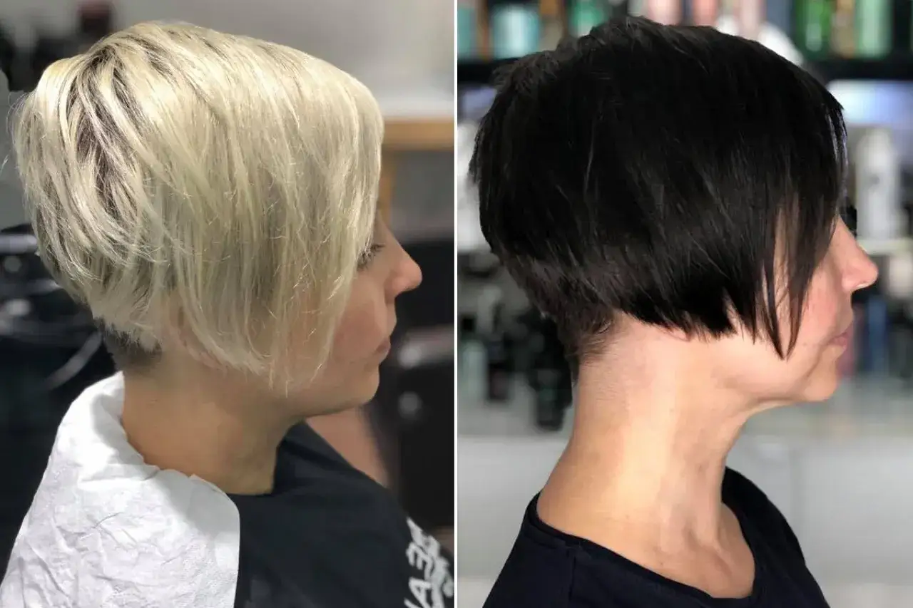 Vorher-Nachher-Vergleich zweier Damen mit modernen kurzhaarfrisuren. Blond und schwarz, beide sehr schick.