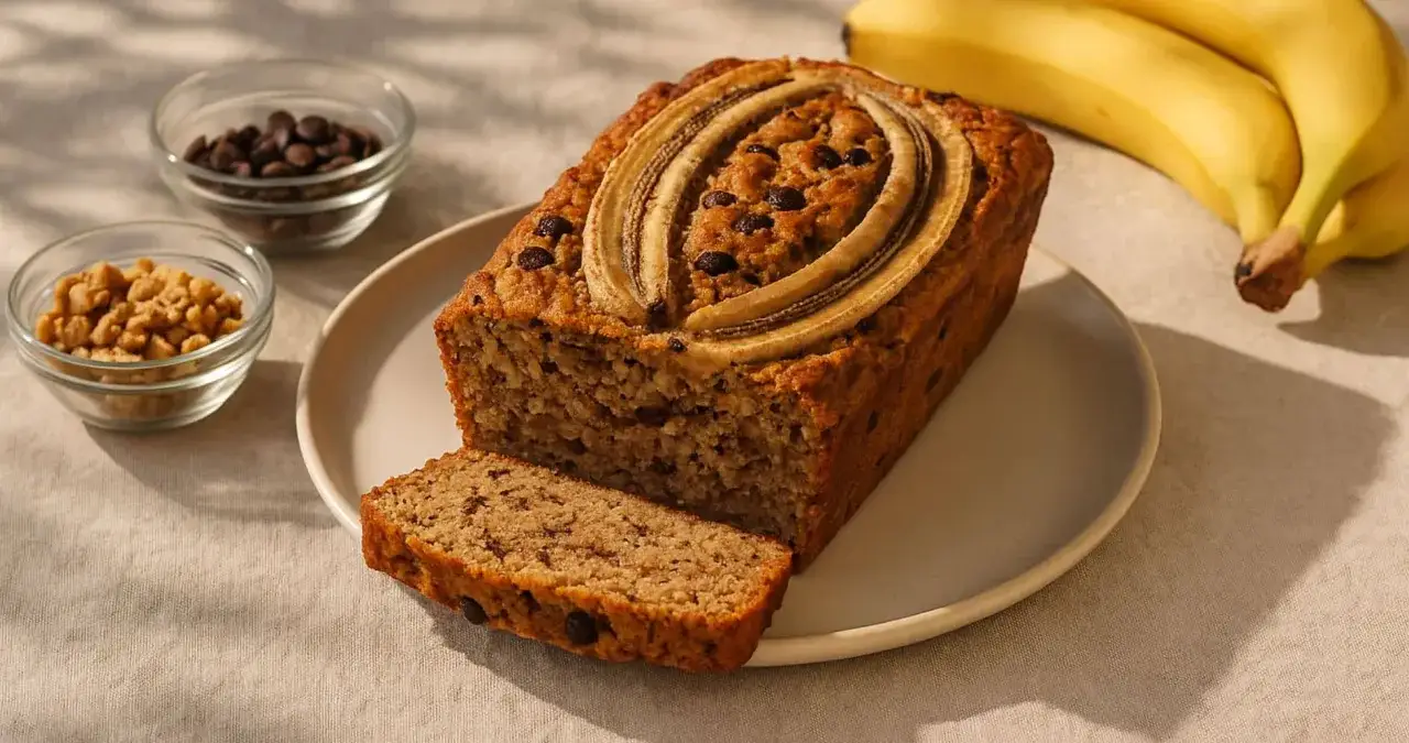 Saftiger, veganer Bananenkuchen mit Schokost&uuml;ckchen und Bananenscheiben obendrauf. Daneben Sch&uuml;sseln mit Schokodrops und N&uuml;ssen.