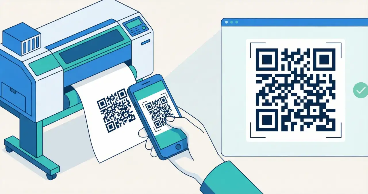 Drukarka drukuje kod QR, który jest skanowany telefonem. Obok widoczny jest ekran komputera z tym samym kodem. Darmowy skaner kodów QR działa błyskawicznie.