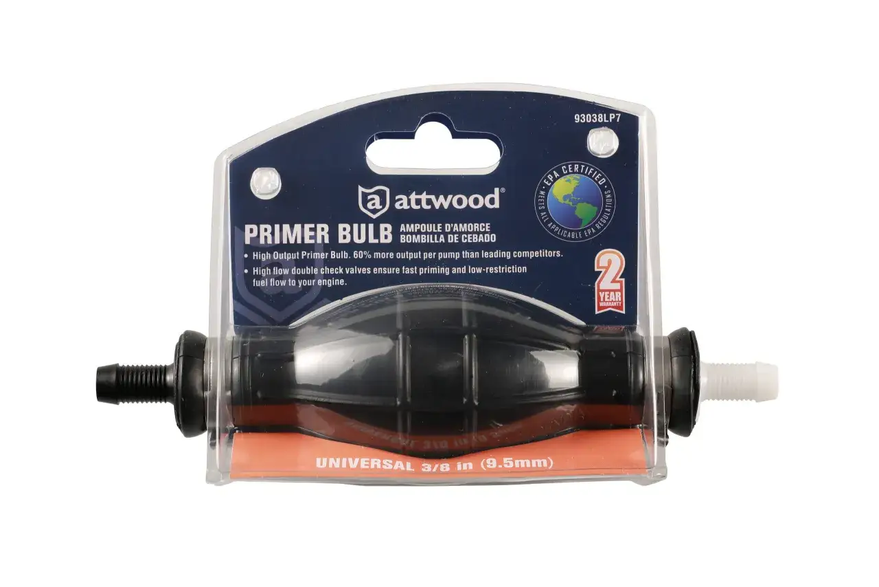 Ampoule d'amorçage Attwood universelle 3/8 po, avec double clapet anti-retour pour un amorçage rapide et un flux de carburant optimal.