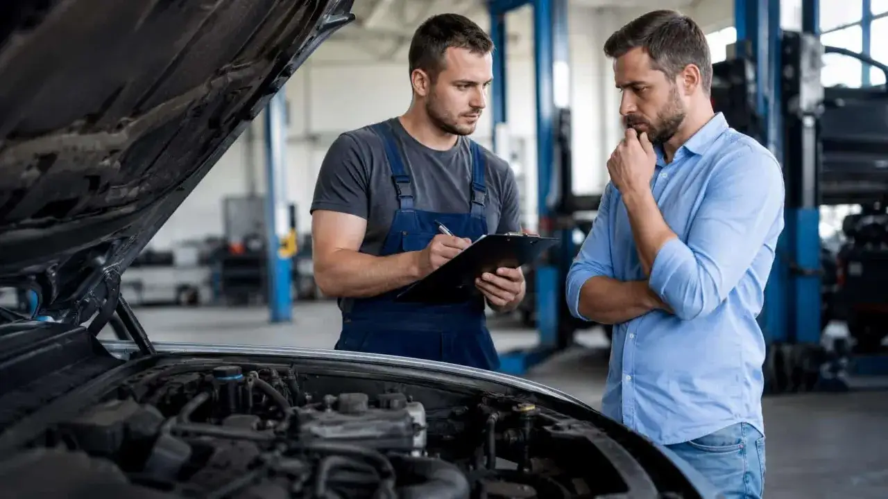 Mechanik notuje objawy zatarty silnik, klient zamyślony słucha diagnozy.
