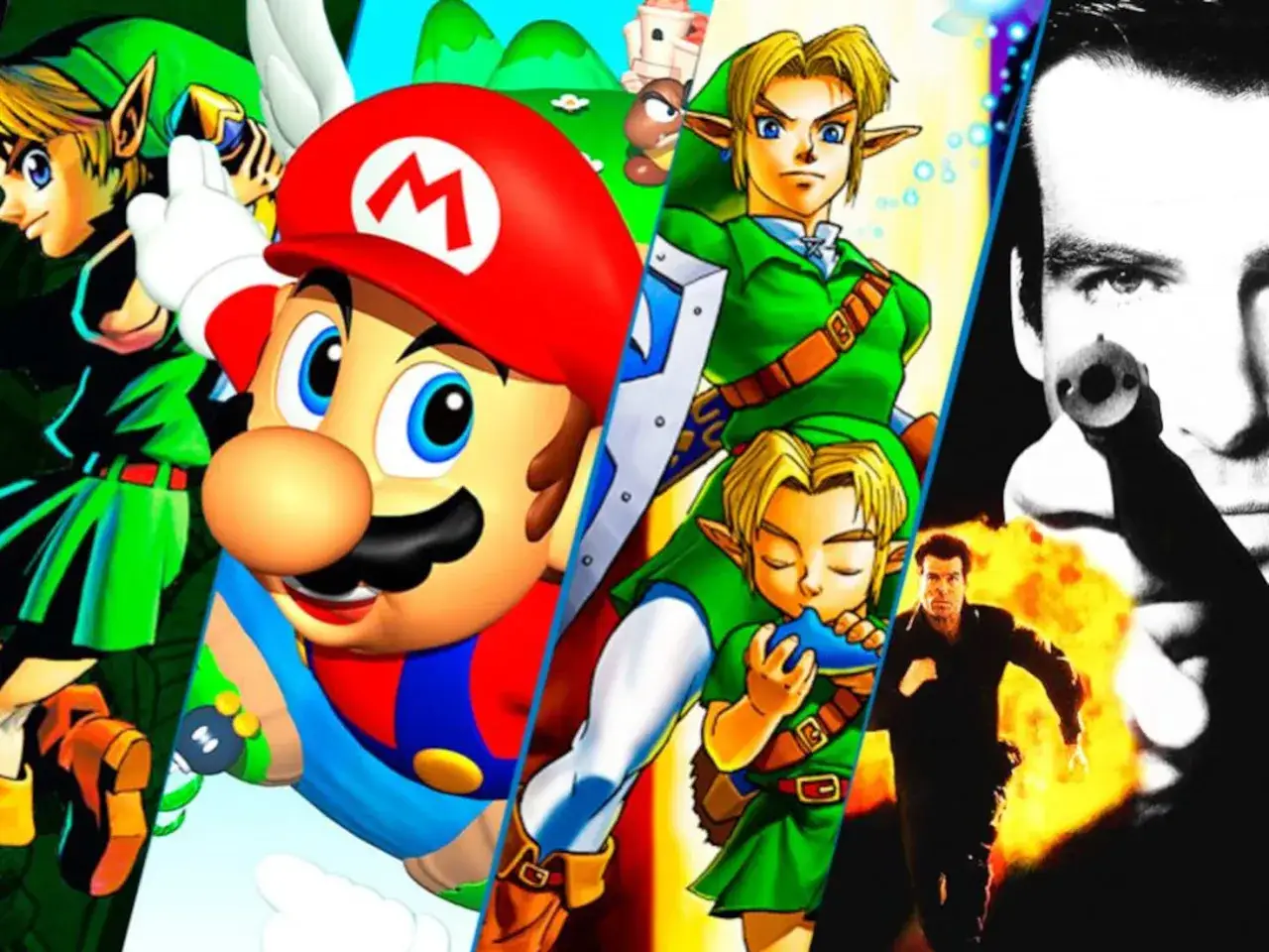 Mario, Link y Bond, iconos de los mejores juegos Nintendo 64, en un collage &eacute;pico.