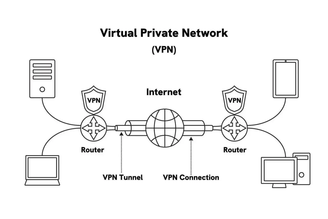 Schéma illustrant le fonctionnement d'un type de VPN : connexion sécurisée via un tunnel VPN entre des appareils et Internet, passant par des routeurs.
