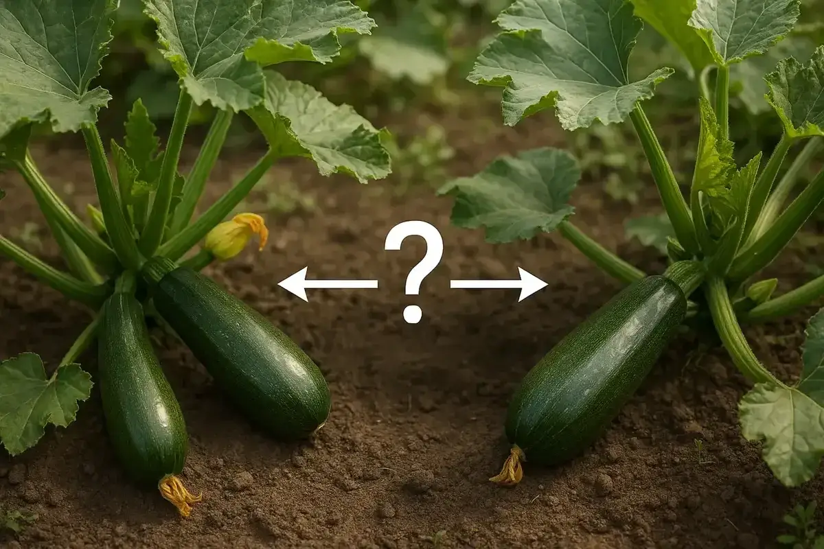 Plan de courgette : deux courgettes vertes mûres sur leurs plants, avec un point d'interrogation entre elles.