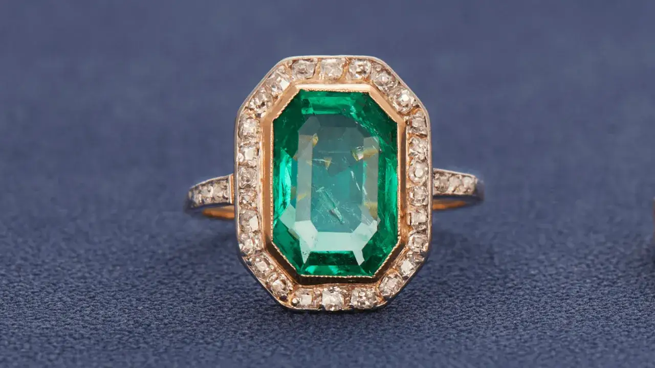 Ein Ring mit einem großen, facettierten Smaragd im Zentrum, umgeben von kleinen Diamanten. Die Smaragd Bedeutung steht für Hoffnung und Erneuerung.