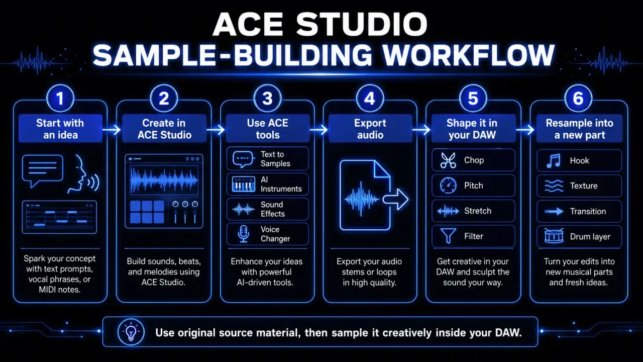 ACE Studio workflow: Start with an idea, create in ACE Studio, use AI tools, export audio, shape in your DAW, and resample. Learn how to clear sample creatively.
