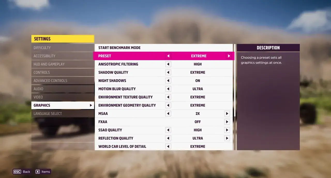 Forza Horizon 5 Grafik-Einstellungen: Preset auf EXTREME, um alle Grafikoptionen auf einmal anzupassen.