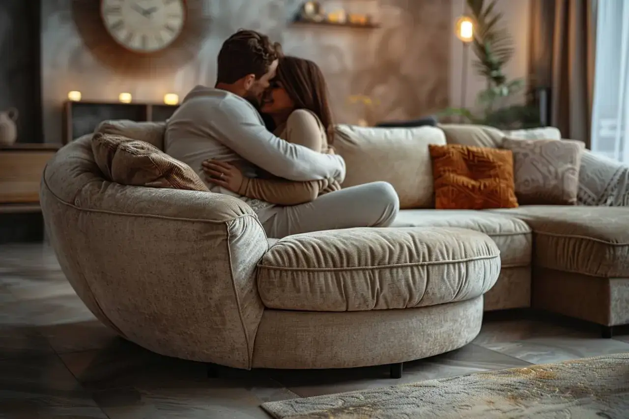Un couple s'enlacent tendrement sur un canap&eacute; confortable, l'intimit&eacute; et l'envie de lui se lisent sur leurs visages.