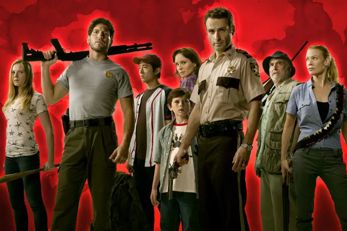 Żywe trupy obsada: Rick Grimes w mundurze, Daryl Dixon z kusz, Glenn Rhee, Carol Peletier, Carl Grimes z pistoletem, Maggie Greene, Hershel Greene i Michonne.