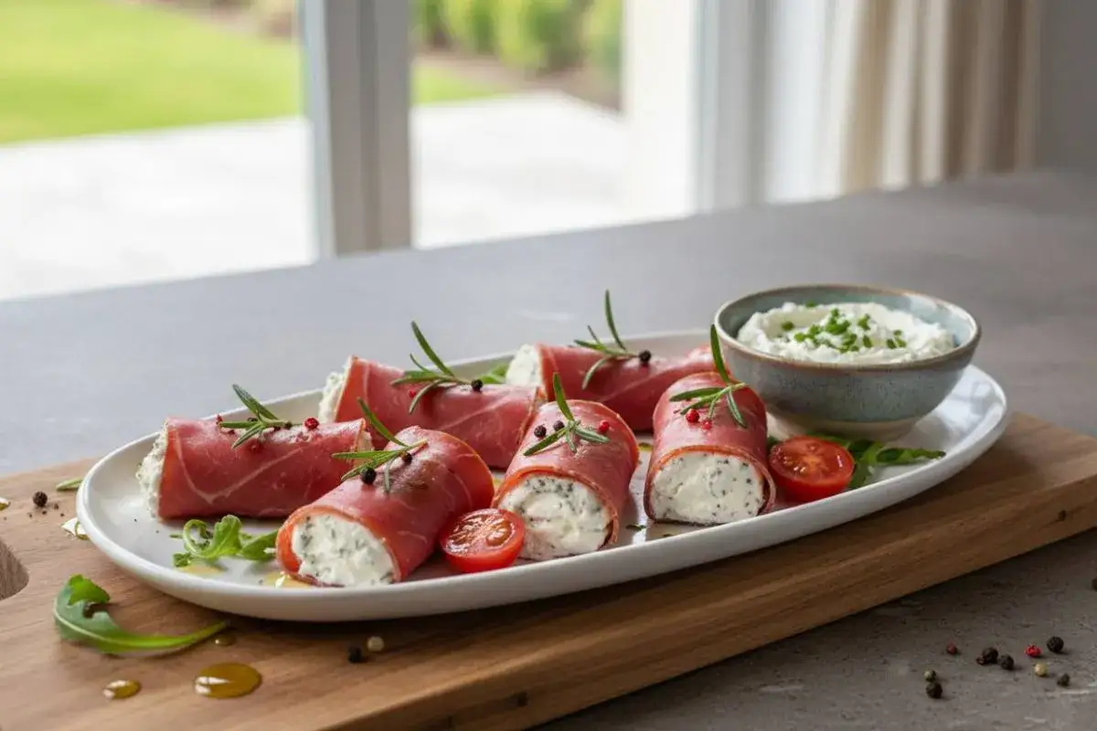 Rotolini di bresaola ripieni di formaggio cremoso, guarniti con rosmarino e pepe. Un'idea sfiziosa su come condire la bresaola per un antipasto elegante.