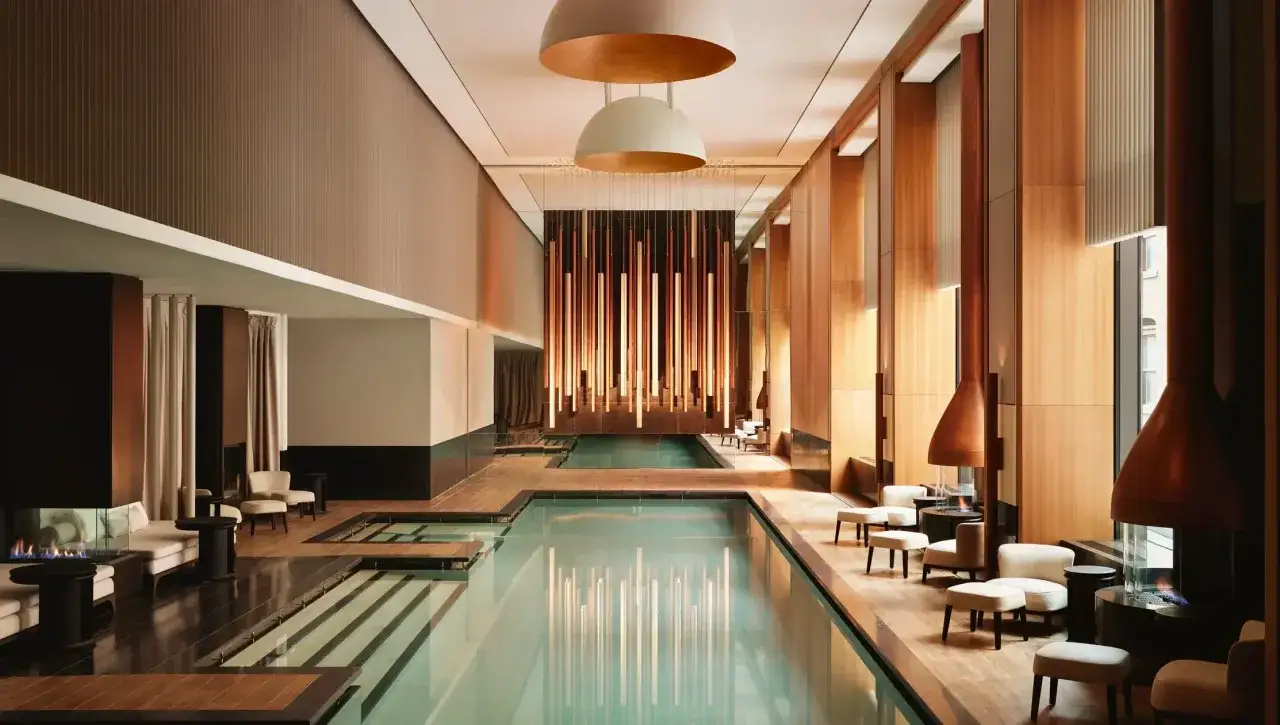 Elegancki basen hotelowy z nowoczesnym oświetleniem i wygodnymi miejscami do wypoczynku.