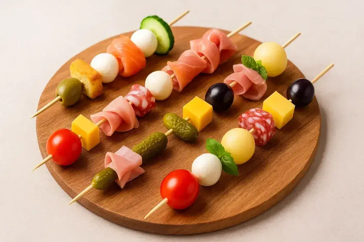 Un assortiment color&eacute; de brochettes pour un buffet de hors d'&oelig;uvre : tomates, olives, cornichons, jambon, salami, fromage, saumon, billes de mozzarella et concombre.