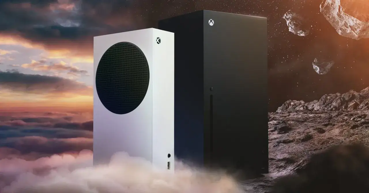 Dwie konsole Xbox Series X, biała i czarna, na tle kosmicznego krajobrazu i chmur. Data premiery Xbox Series X była przełomowa.