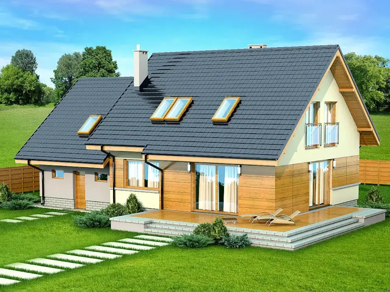 Nowy dom z drewna i jasnego tynku, z tarasem i ścieżką z płyt. Projekt 