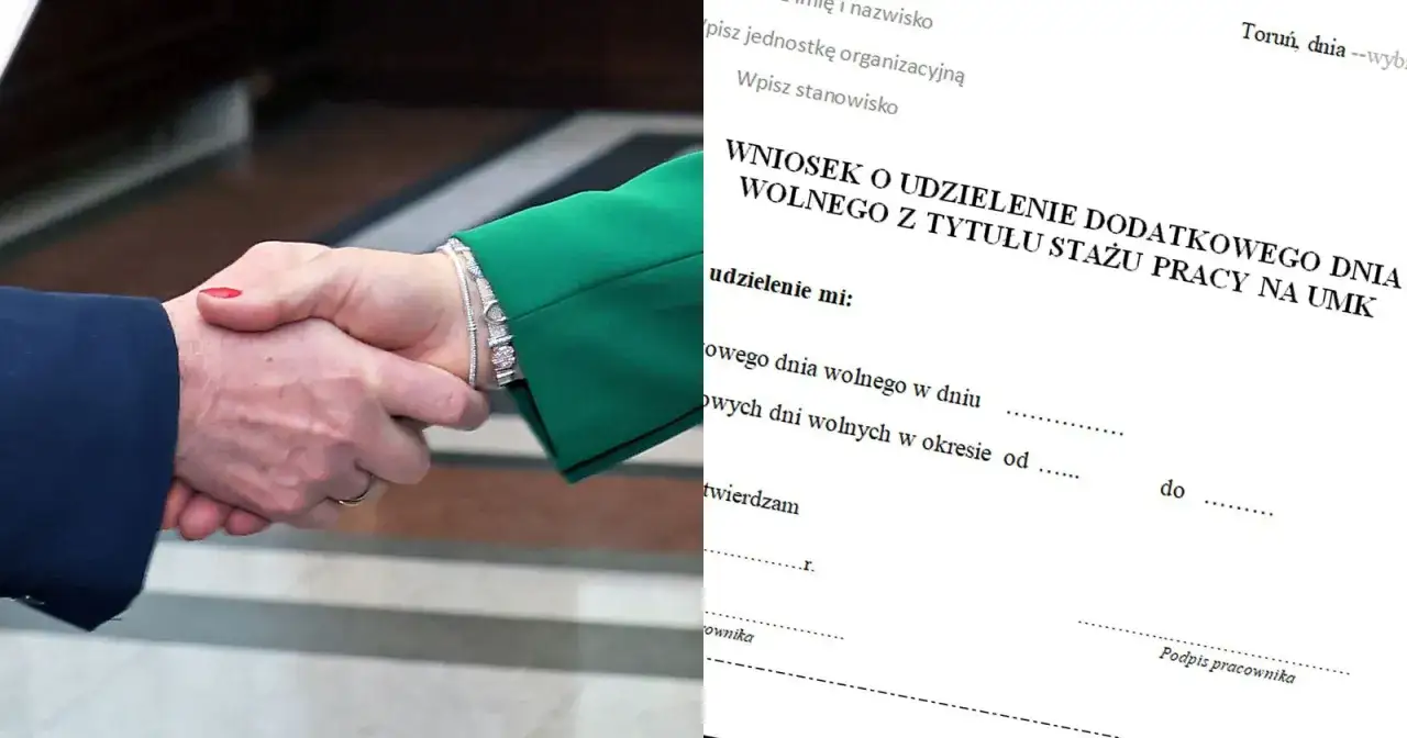 Uścisk dłoni i wniosek o dodatkowy dzień wolny z tytułu stażu pracy na UMK.