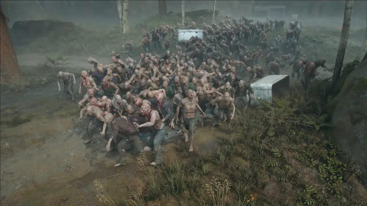 Horda zombie w Days Gone na Xbox. W lesie widać setki nieumarłych, biegnących w stronę gracza.