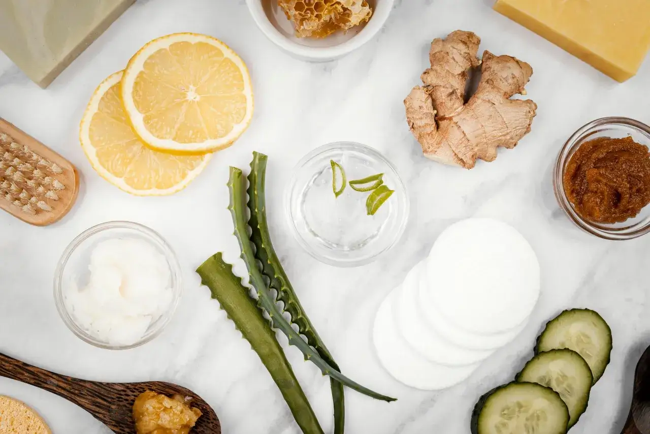 Nat&uuml;rliche Zutaten wie Aloe Vera, Zitrone und Ingwer helfen, wie wird man mitesser los. Auch Honig und Gurke sind zu sehen.