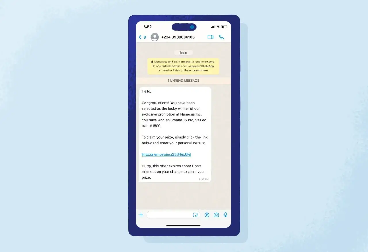 Otrzymujesz dziwne wiadomości na WhatsApp o wygranej w promocji. Oferta wygląda podejrzanie, a link prowadzi do nieznanej strony.