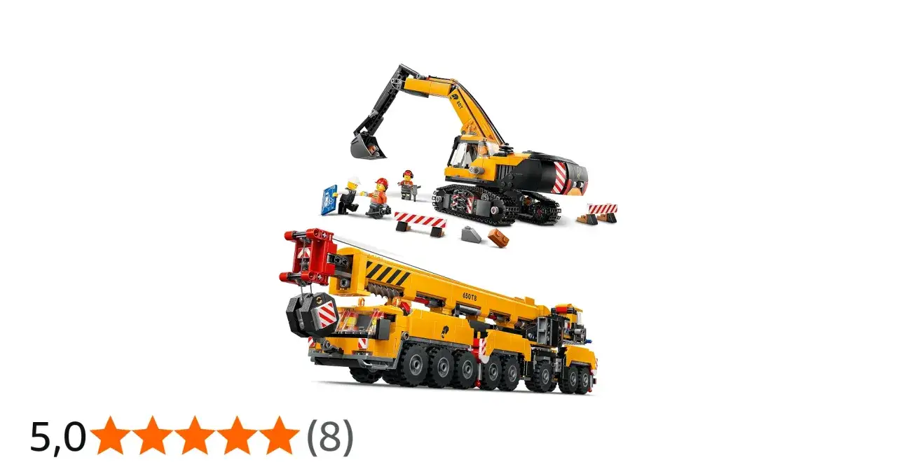 Bagger und Kran von LEGO 60420 auf Baustelle mit Figuren und Absperrungen.