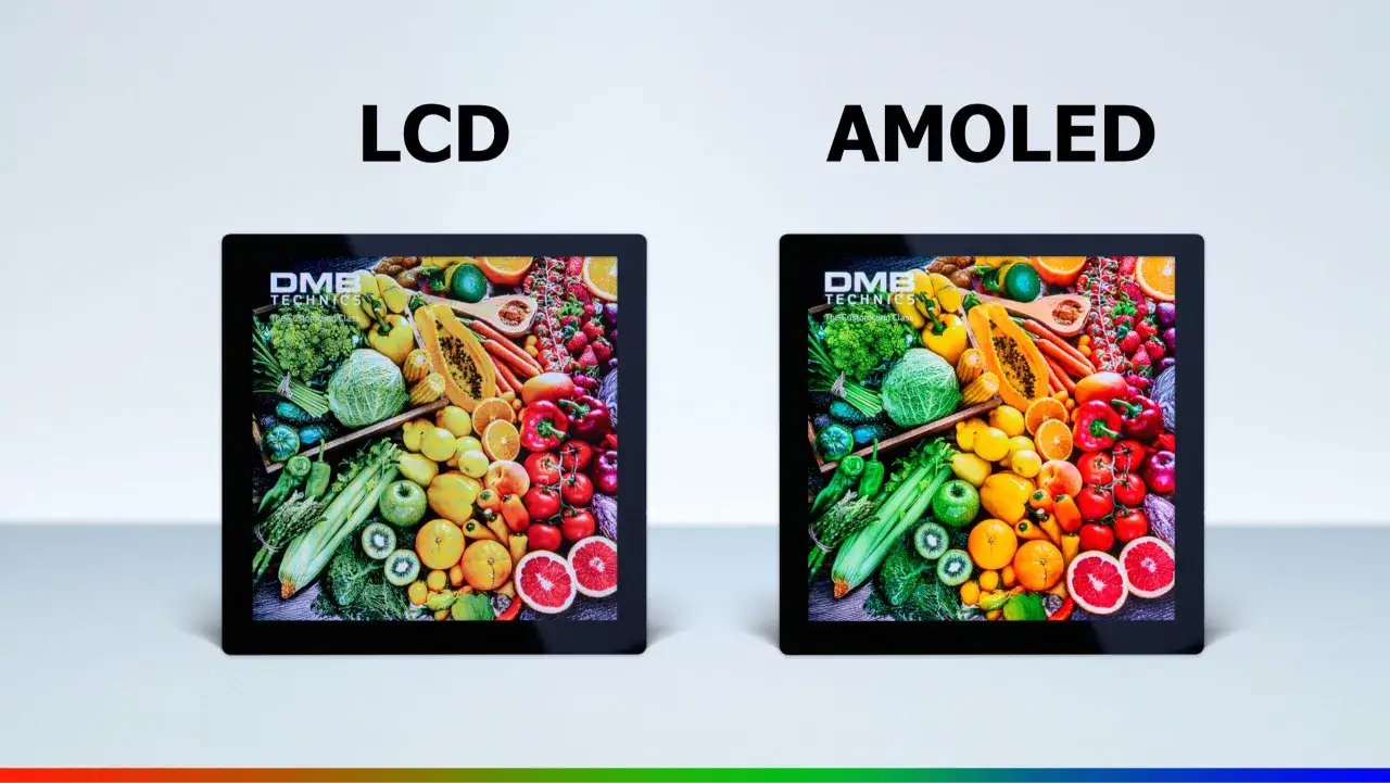 Vergleich von LCD und AMOLED Displays: Ein lebendiges Obst- und Gem&uuml;sebild zeigt die Unterschiede in Farbe und Kontrast.