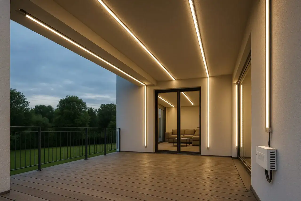Nowoczesny taras z oświetleniem LED. Zastanawiasz się, ile prądu pobiera 1m taśmy LED? To energooszczędne rozwiązanie.