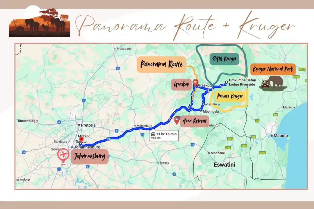 Mapa trasy Panorama Route i Kruger National Park, z zaznaczoną drogą z Johannesburga do Parku Narodowego Krugera.