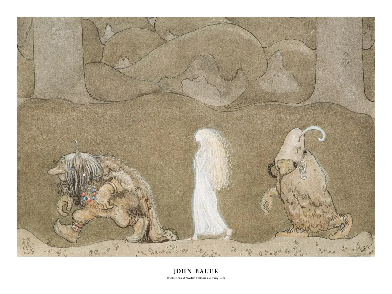 John Bauer namal tę ilustrację: troll, dziewczynka i kolejny troll idą przez las.