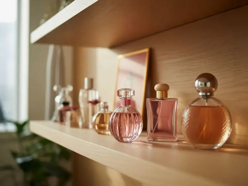 perfumy przechowywane w łazience na półce z parą wodną