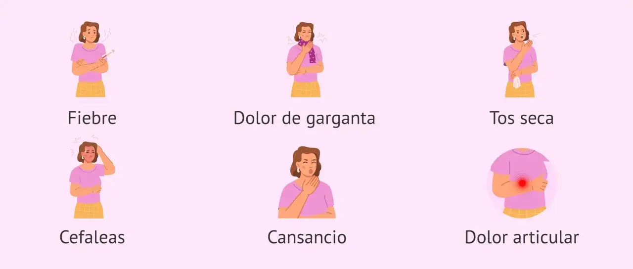 Mujer con s&iacute;ntomas de gripe: fiebre, dolor de garganta, tos, cefaleas, cansancio y dolor articular. Cuidarse durante el embarazo es clave.